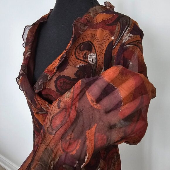 Women's Paisley Print Ruffled V-Neck Long Sleeve Below the knee Dress, Size M/L - Picture 4 of 13